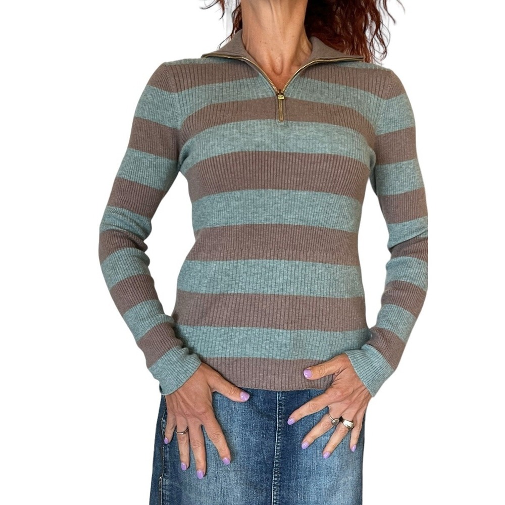 VAARA WOMEN'S SWEATER QUARTER ZIP MOCK NECK BLUE BROWN WOOL KNIT RIBBED S